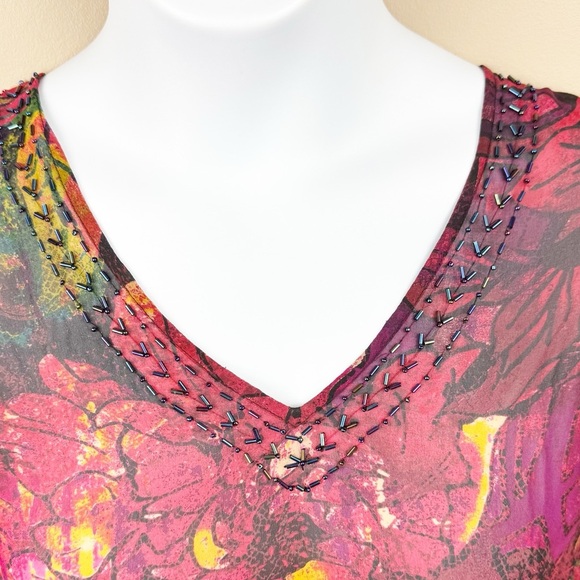 Beaded Dark Floral 100% Silk Graphic Fitted Peplum Adjustable Tie Waist Blouse - Picture 5 of 9
